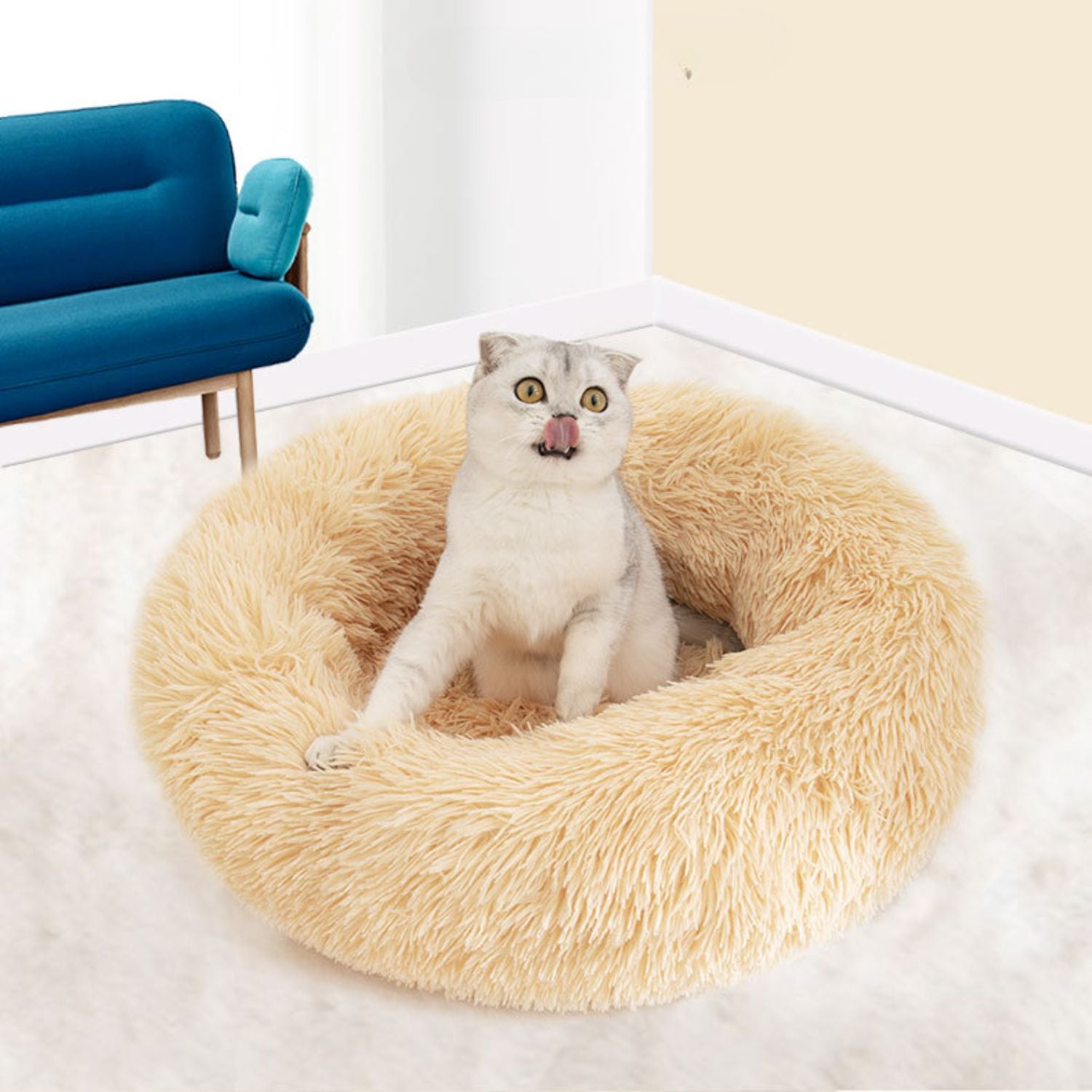 Pluche Rond Huisdierenhuis beige ronde pluche kattenmand met comfortabel ontwerp